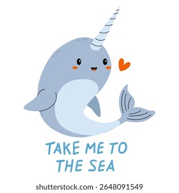 Personagem de narval bonito convidando aventura no oceano com expressão lúdica mostrando estilo de arte caprichosa