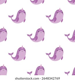 bonitos personagens narvais em design subaquático com expressão alegre, vida marinha, animal do oceano com chifre, desenho animado plano vetor ilustração sobre fundo branco