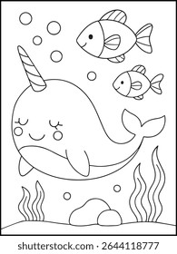 Cute Narwhal Coloring Page for Kids – Smiling Unicorn Whale with Stars and Ocean Shell. Printable black and white underwater coloring sheets