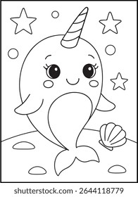 Cute Narwhal Coloring Page for Kids – Smiling Unicorn Whale with Stars and Ocean Shell. Printable black and white underwater coloring sheets