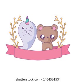 cute narwhal fairytale with bear kawaii style
