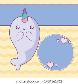 cute narwhal fairytale in card kawaii style