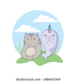 cute narwhal fairytale with cat kawaii style