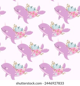 Cute narwhal and flowers in boho style on a white background seamless pattern. Vector illustration for children funny whale. Underwater inhabitants