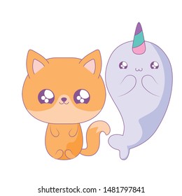 cute narwhal with fox baby animals kawaii style