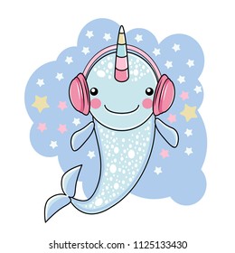 Cute Narwhal in headphones