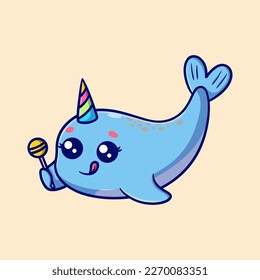 Cute narwhal holding candy cartoon icon illustration. funny sticker for kids
