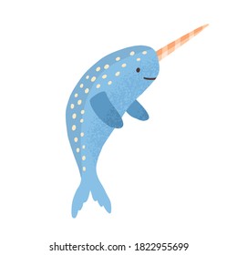 Cute narwhal with horn. Childish marine animal in scandinavian style. Flat vector cartoon lovely illustration of narwhale isolated on white background