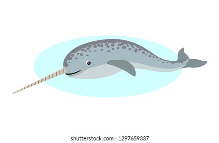 Cute narwhal with long horn icon, unusual whale, polar animal, isolated on white background, vector illustration