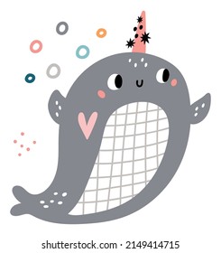 Cute narwhal. Lovely baby underwater animal smiling