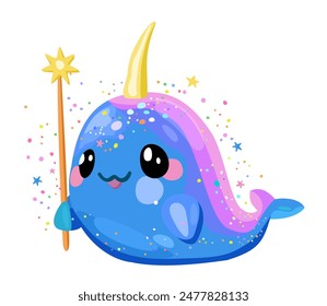 Cute narwhal with magic wand. Vector isolated illustration.