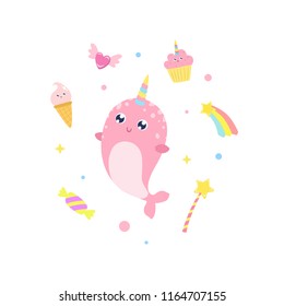 Cute narwhal and magical items vector illustration.