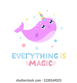Cute narwhal and magical items vector illustration. Everything is magic card, print