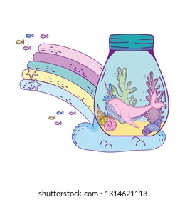 cute narwhal in mason jar and rainbow