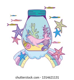 cute narwhal in mason jar and rainbow