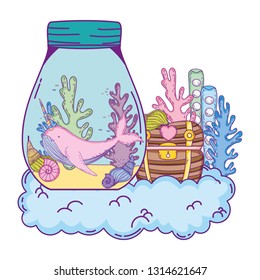 cute narwhal in mason jar and treasure chest