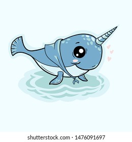 Cute narwhal on the background of waves. Kawaii cartoon character. Vector illustration.
