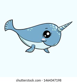 Cute narwhal on isolated background. Kawaii cartoon character. Vector illustration.