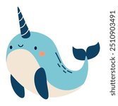 Cute narwhal on white background. Flat vector illustration in simple child style 