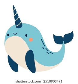 Cute narwhal on white background. Flat vector illustration in simple child style 