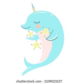 Cute narwhal on white  isolated background