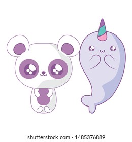 cute narwhal with panda bear baby animals kawaii style