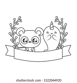 cute narwhal with panda bear baby animals kawaii vector illustration design
