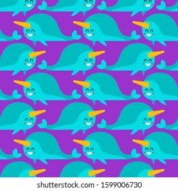 Cute Narwhal pattern seamless. Cartoon unicorn-fish child background. vector texture. Baby fabric ornament