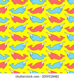 Cute narwhal pattern seamless. Cartoon small Arctic whale with horn background. Baby fabric texture