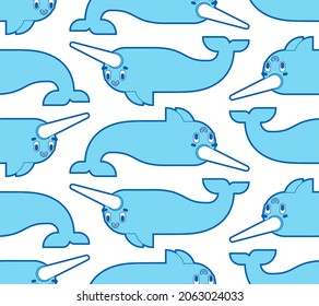 Cute narwhal pattern seamless. Cartoon small Arctic whale with horn background. Baby fabric texture