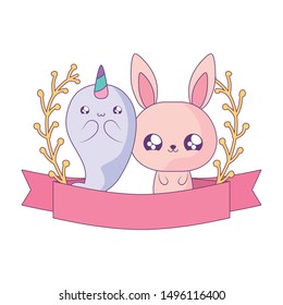 cute narwhal with rabbit baby animals kawaii