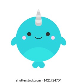 Cute narwhal round graphic vector icon. Blue narwhale with flippers and horn, animal head, face illustration. Isolated.