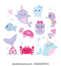 Cute narwhal and sea animal clip art set