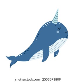 Cute narwhal. Sea and ocean animal. Vector illustration isolated on white background