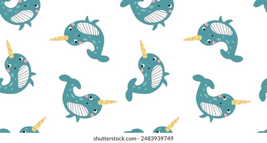 Cute narwhal seamless pattern. animal cartoon character. flat vector illustration. Template for Notebook covers, pattern for wallpapers, textile or nature background. childish motifs, undersea theme