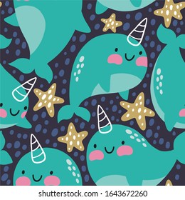 Cute narwhal seamless pattern. Baby shower vector print