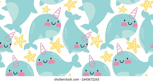 Cute narwhal seamless pattern. Baby shower vector print