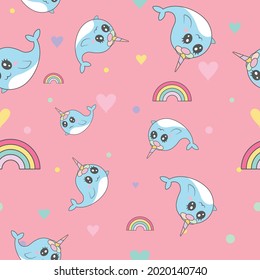 Cute narwhal seamless pattern with flat heart and adorable colorful rainbow on pink background pastel color. Vector Illustration.