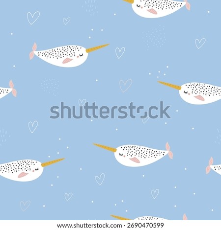 Cute Narwhal Seamless Pattern, Nordic Ocean Animal Design on Blue Background for Kids.