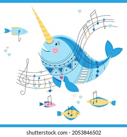 Cute narwhal singing a song. Vector  illustration  isolated on white background. Whale unicorn  with notes and fishes.