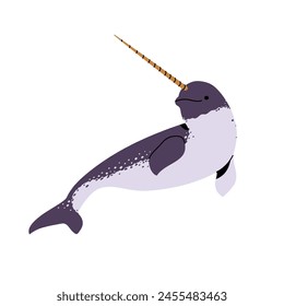 Cute narwhal swimming. Dolphin or whale with tusk. Unicorn fish of cold polar water. Underwater animal, north ocean fauna, arctic sea inhabitant. Flat isolated vector illustration on white background