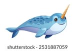Cute narwhal swimming. Vector cartoon illustration isolated on white background