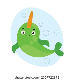 Cute narwhal swims in the water. Sea life. Vector graphic.