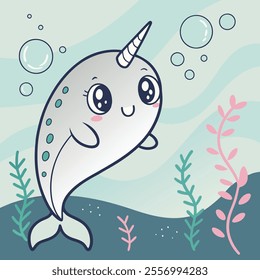 A cute narwhal swims in a whimsical underwater scene with bubbles.