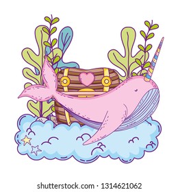 cute narwhal with treasure chest