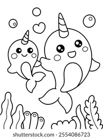 Cute narwhal unicorn coloring page illustration