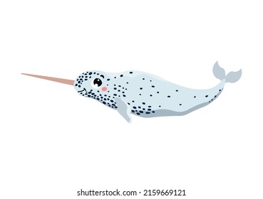 Cute Narwhal or unicorn of the sea mammal northern animal, flat cartoon vector illustration isolated on white background. Narwhal small Arctic whale with long tusk.