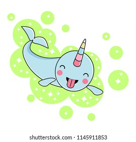 Cute Narwhal - The unicorn of the sea on green background