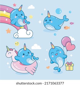 cute narwhal unicorn sea vector illustration