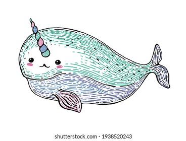 Cute narwhal, unicorn-fish. Hand drawn style colourful vector illustration. 